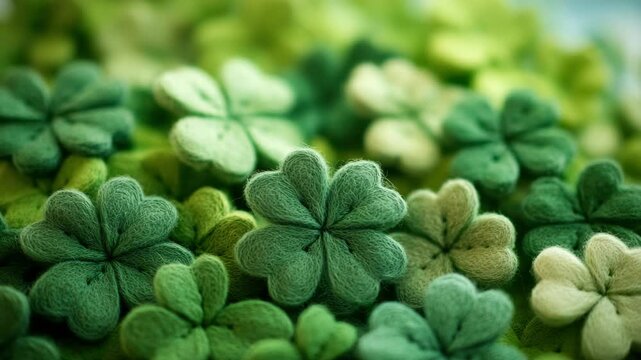 A collection of green four-leaf clover plants growing close together.