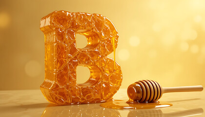 Honeycomb Letter B with Honey Dipper on Golden Background