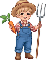 Cute cartoon farmer kid illustration. Watercolor style. Cartoon character illustration.