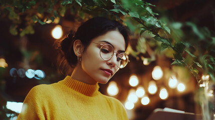 Young woman reading in cozy cafe illuminated by warm lights during evening hours