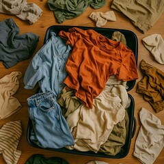 top view of an open suitcase with messy clothes, cloth around. disorganized packing