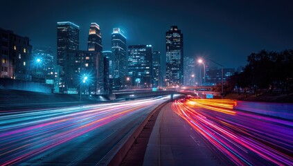 Obraz premium Cityscape at night with light trails (1)