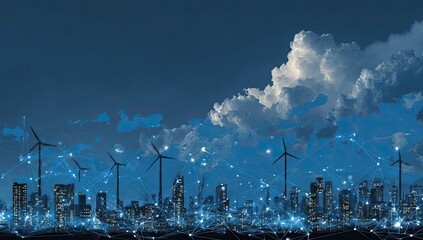 Obraz premium Cityscape at night with wind turbines and interconnected network (1)