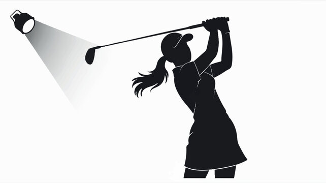 Dynamic black silhouette of a female golfer in powerful mid swing motion on a clean white background - Powered by Adobe