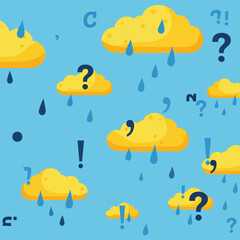 Conceptual illustration of yellow clouds raining blue punctuation marks and symbols against a blue sky.