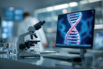 A modern laboratory scene with a microscope and computer displaying DNA