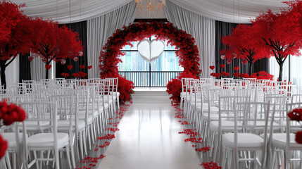 Elegant wedding ceremony setup with red decorations in a bright venue