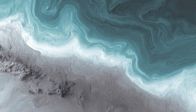 Abstract turquoise and gray swirling marble texture with ink haze and layered wave patterns background