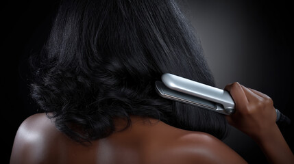 Styling smooth black hair using a straightener in a dark setting
