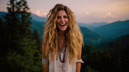 Joyful woman smiles against a beautiful mountain backdrop during sunset