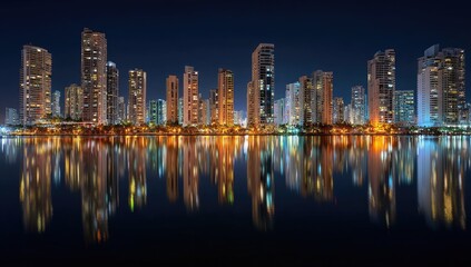 Fototapeta premium Panoramic city skyline at night, reflected in a calm body of water
