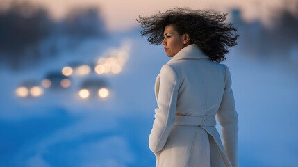 Woman in a white coat stands on a snowy road during twilight as cars pass by