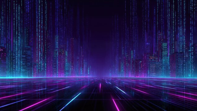 Futuristic cityscape with digital code