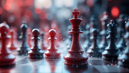 Red and Black Chess Pieces in Intense Strategic Battle on Checkered Board