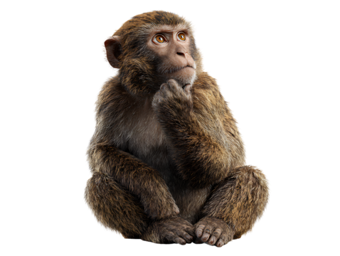 Thoughtful Monkey Sitting Cross-Legged with Hand on Chin, Side View, Isolated on Transparent Background