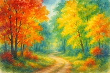 Stunning autumn foliage reflected in watercolor painting creates a serene landscape scene for seasonal designs