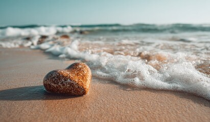 Heart-shaped stone on a sandy beach, ocean waves