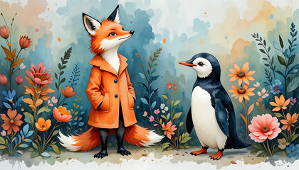 Fox in Orange Coat and Penguin Standing in Whimsical Flower Garden
