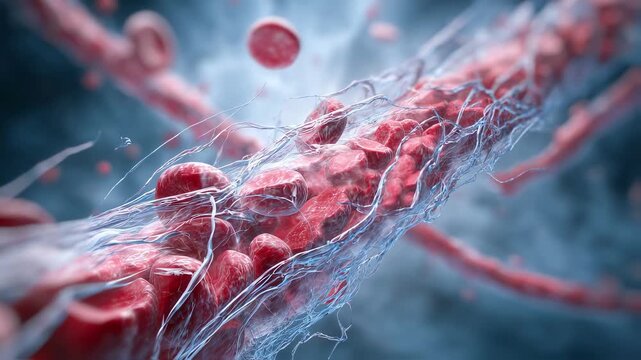 Medical illustration showcasing staccato red segments along mediumsized arteries representing irregular vascular inflammation and compromised blood flow.