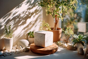 Aesthetic Arrangement of Natural Elements with a Textured Stone Cube on Wooden Stand Surrounded by Various Green Plants and Decorative Stones in Soft Light