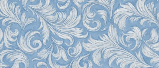Fototapeta premium Light blue background with white swirling floral pattern and textured painterly brushstroke details