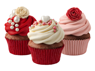Valentine’s Day Cupcake Trio in Red, White, and Pink Frosting, Decorative Variety, Isolated on Transparent Background