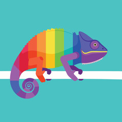 Colorful Chameleon with Rainbow Stripes Perched on a Branch.