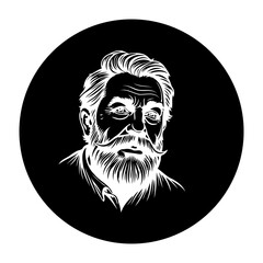 Vintage portrait of an old man with beard and mustache in black and white circle artwork displaying wisdom