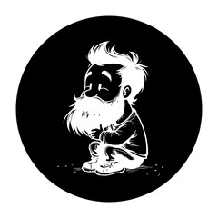 Vector illustration of a contemplative bearded man sitting with a thoughtful expression within a circular frame in black and white