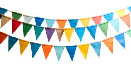 Colorful triangular bunting flags strung together, creating a festive and celebratory atmosphere for parties and events.