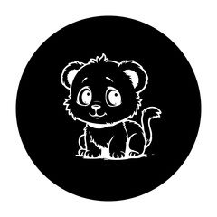Adorable cute baby lion illustration in a black circle with a charming expression and playful pose design