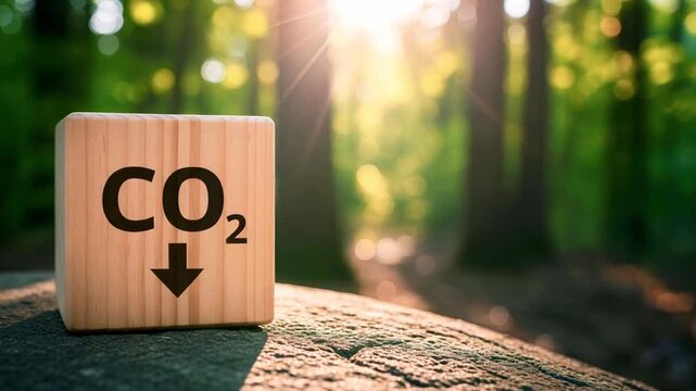 Wooden block with CO2 reduction symbol in lush forest setting, showcasing environmental awareness