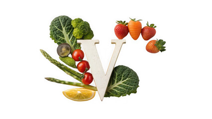 Naklejka premium Letter v formed with fresh healthy vegetables and fruits isolated on transparent background