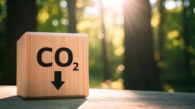 Wooden block displaying CO2 reduction symbol in a serene forest setting with sunlight filtering through trees
