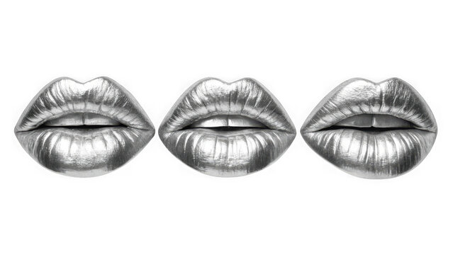 Three metallic silver lips in a row isolated on transparent background