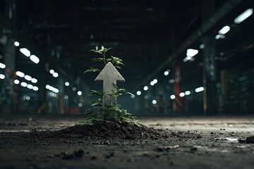 A concrete arrow, sprouting with a small plant, points upward within a dark, industrial-style interior