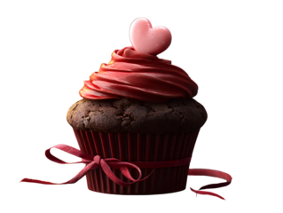 Chocolate Valentine Cupcake with Heart-Shaped Topper and Red Ribbon, Side View, Isolated on Transparent Background