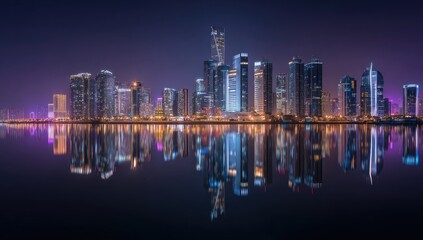 Fototapeta premium Night cityscape reflected in still water