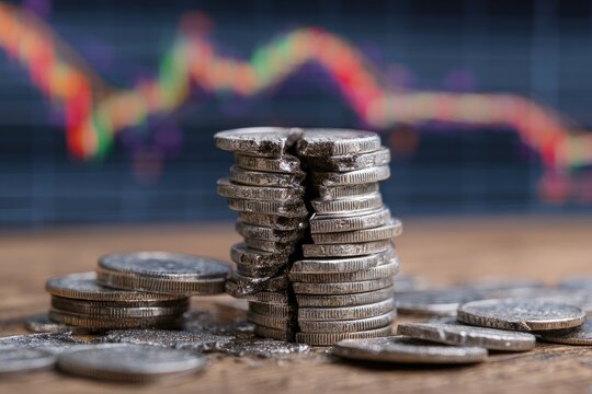 Stack of coins fractured, market graph