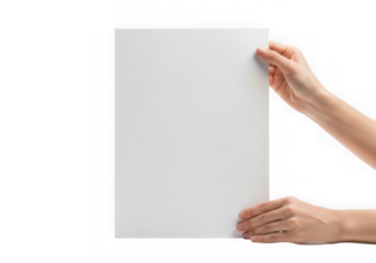 Womans hands holding a blank white paper sheet isolated on transparent background