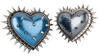 Two spiked heart charms with reflective surfaces isolated on transparent background