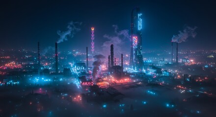Fototapeta premium Futuristic Industrial Metropolis at Twilight: A Symphony of Smog and Cybernetic Lights
