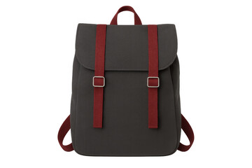 Gray backpack with red straps, metal buckles, and a flap closure, isolated on a transparent background, ready for travel or school
