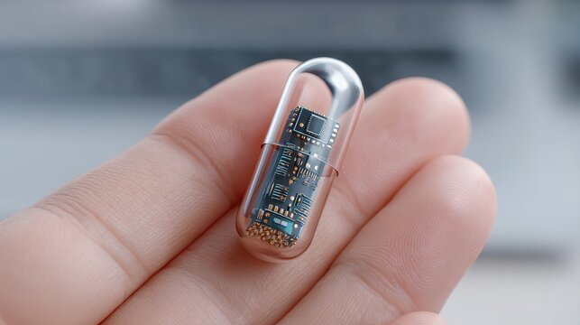 The concept of semiconductor chip shortage. A close-up of a hand holding a transparent capsule containing a small circuit board and microchips, symbolizing advanced technology or smart medicine.