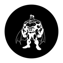 Powerful muscular superhero illustration with cape in a black circle ready to defend weak people or world