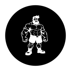 A strong cartoon bodybuilder flexing his muscular physique with a determined expression in white isolated over black background