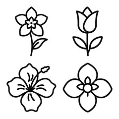 Minimalist Line Art Flower Icons Set – Elegant Black Outline Floral Symbols Including Tulip, Hibiscus, and Decorative Petals for Logo, Design, and Botanical Illustration Projects