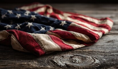 Weathered American flag on rustic wood
