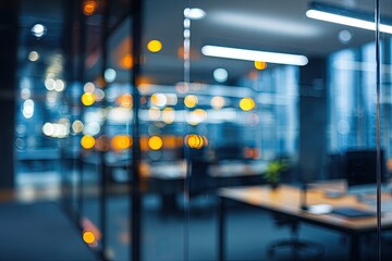 Blurred modern office interior viewed through glass partitions