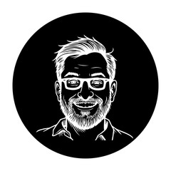 Engraved illustration of a smiling man with glasses in a black circle for profile picture usage